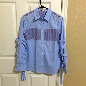 Tibi blue shirt with navy strip and ribbon, Size 4